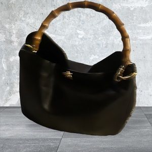 Vintage Gucci Black Leather Diana Bamboo Shoulder Bag, Large Hobo no strap
